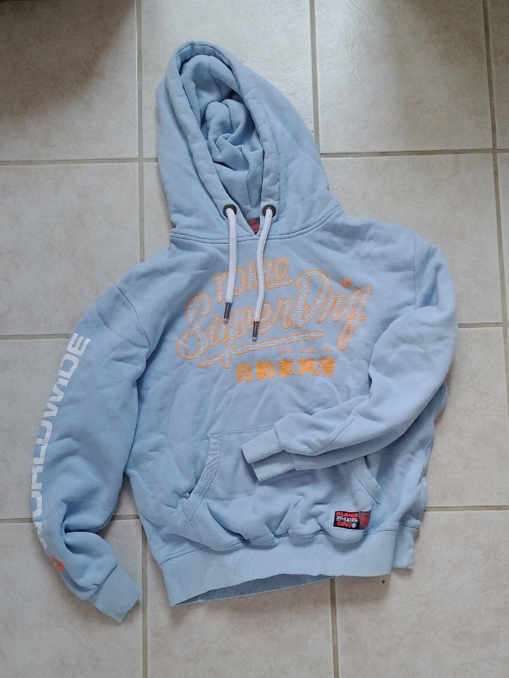 Superdry Men's Pale Blue Crewneck Hoodie with Orange Logo